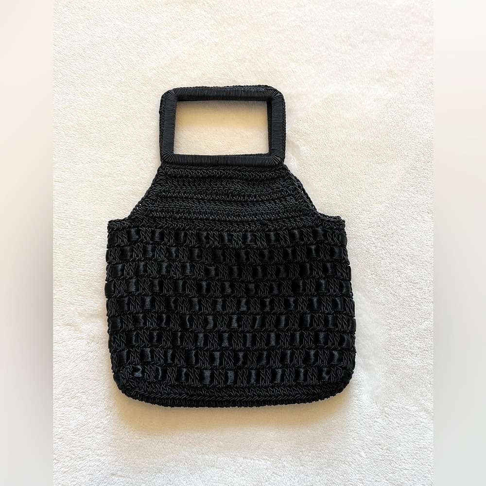 🖤Sleek Black Mini Bag with Textured Weave and Rectangular Handle